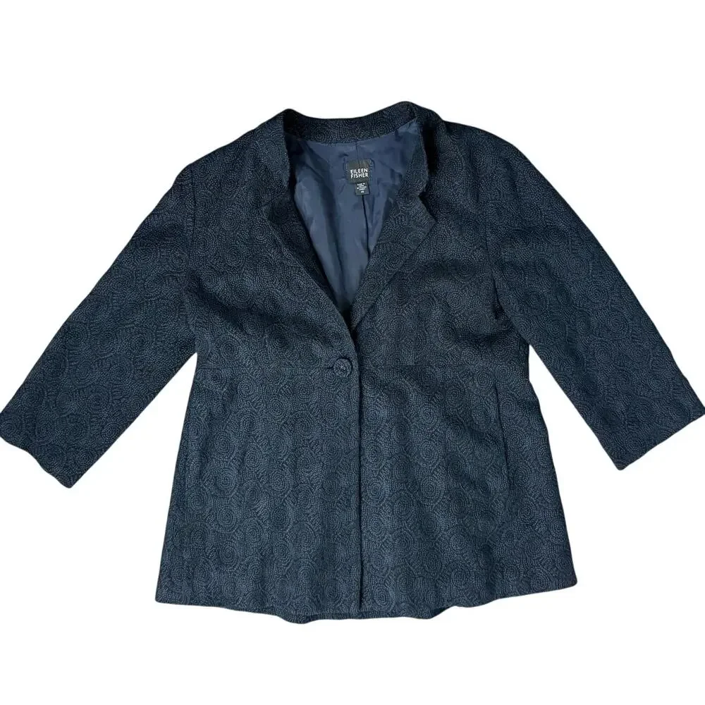 Eileen Fisher Black Embroidered Blue Swirl Wool Single Button Blazer Size XS